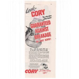 Cory Glass Coffee Brewer Magazine Advertisement 1950 Household Beverage Vintage